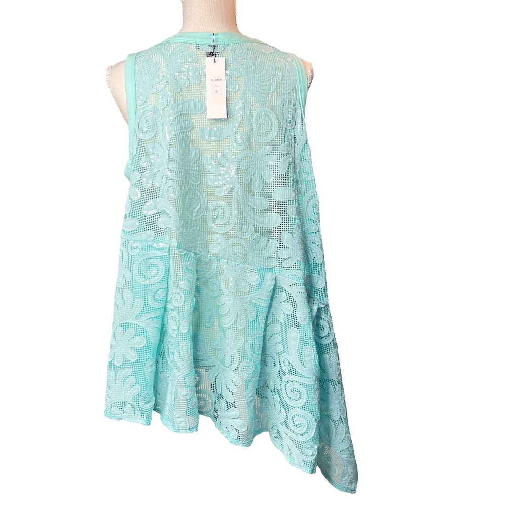 # A115 FT INC Green Boho Glam Lace Peplum VintageTop Asymmetrical NWT L - Picture 4 of 12